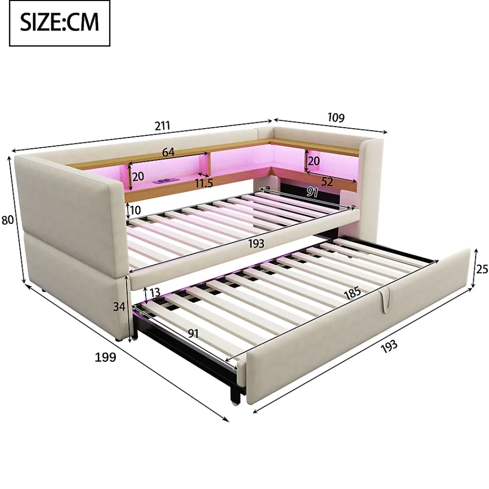 Okwish Lit Gigogne 90/180x190 cm - avec LED et Prise USB, Rangement sous Le Lit, Multifonction en Flanelle et Métal, Beige, Sans Matelas* Lit Gigogne