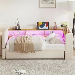Okwish Lit Gigogne 90/180x190 cm - avec LED et Prise USB, Rangement sous Le Lit, Multifonction en Flanelle et Métal, Beige, Sans Matelas* Lit Gigogne