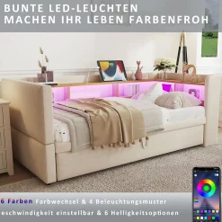 Okwish Lit Gigogne 90/180x190 cm - avec LED et Prise USB, Rangement sous Le Lit, Multifonction en Flanelle et Métal, Beige, Sans Matelas* Lit Gigogne