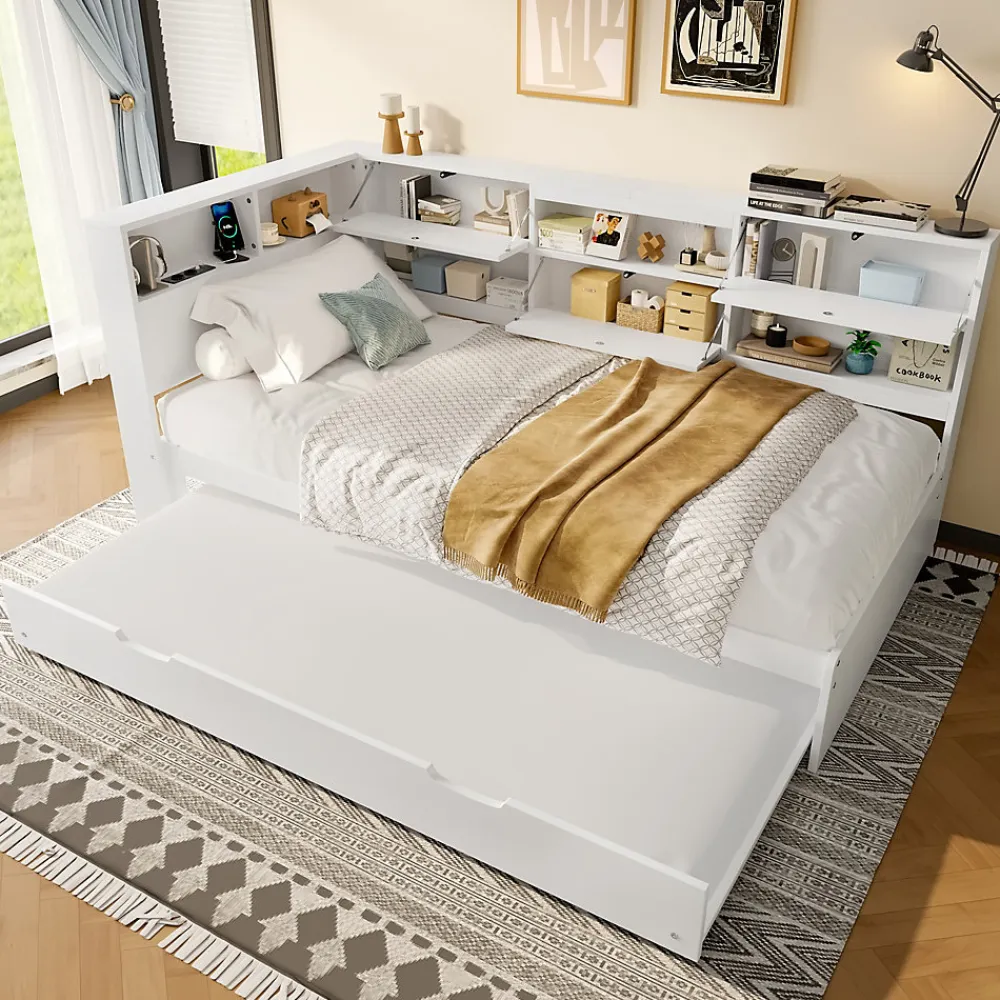 Lit Gigogne 90x200 cm - avec Lit Tiroir 90x190 cm et Rangement, Lit Multifonction Bois Kiefernholz + MDF + Plywood - Blanc>Okwish Discount