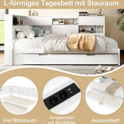Lit Gigogne 90x200 cm - avec Lit Tiroir 90x190 cm et Rangement, Lit Multifonction Bois Kiefernholz + MDF + Plywood - Blanc><noscript><img width=
