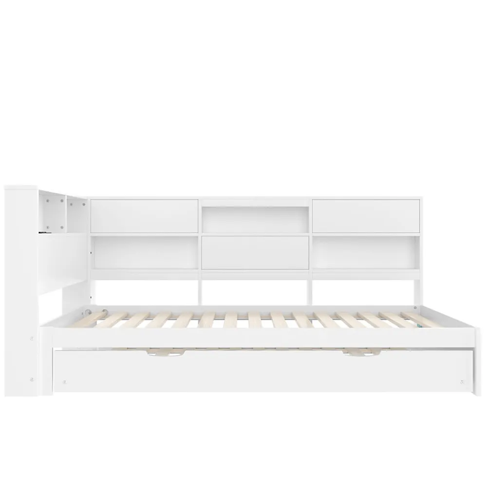Lit Gigogne 90x200 cm - avec Lit Tiroir 90x190 cm et Rangement, Lit Multifonction Bois Kiefernholz + MDF + Plywood - Blanc>Okwish Discount
