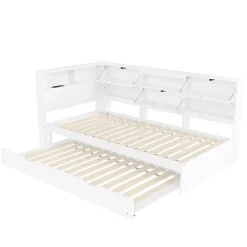 Lit Gigogne 90x200 cm - avec Lit Tiroir 90x190 cm et Rangement, Lit Multifonction Bois Kiefernholz + MDF + Plywood - Blanc><noscript><img width=