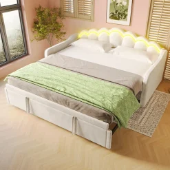 Lit Gigogne 90/180x200 cm - avec lit tiroir et bande LED multicolore - sans matelas - revêtement en velours doux - Beige>Okwish Discount