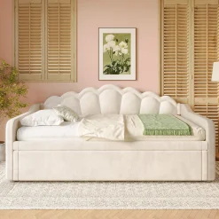 Lit Gigogne 90/180x200 cm - avec lit tiroir et bande LED multicolore - sans matelas - revêtement en velours doux - Beige><noscript><img width=