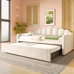 Lit Gigogne 90/180x200 cm - avec lit tiroir et bande LED multicolore - sans matelas - revêtement en velours doux - Beige><noscript><img width=
