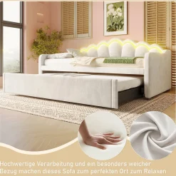 Lit Gigogne 90/180x200 cm - avec lit tiroir et bande LED multicolore - sans matelas - revêtement en velours doux - Beige><noscript><img width=