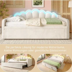 Lit Gigogne 90/180x200 cm - avec lit tiroir et bande LED multicolore - sans matelas - revêtement en velours doux - Beige><noscript><img width=