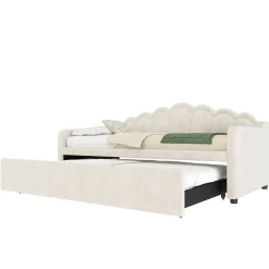 Lit Gigogne 90/180x200 cm - avec lit tiroir et bande LED multicolore - sans matelas - revêtement en velours doux - Beige><noscript><img width=