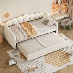 Lit Gigogne 90x200 cm - avec lit tiroir 90x190 cm et éclairage LED ambiant - sans matelas - revêtement en velours élégant - Beige>Okwish Discount