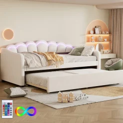 Lit Gigogne 90x200 cm - avec lit tiroir 90x190 cm et éclairage LED ambiant - sans matelas - revêtement en velours élégant - Beige>Okwish Discount