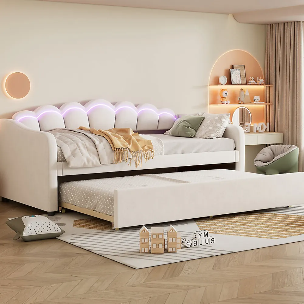 Lit Gigogne 90x200 cm - avec lit tiroir 90x190 cm et éclairage LED ambiant - sans matelas - revêtement en velours élégant - Beige>Okwish Discount