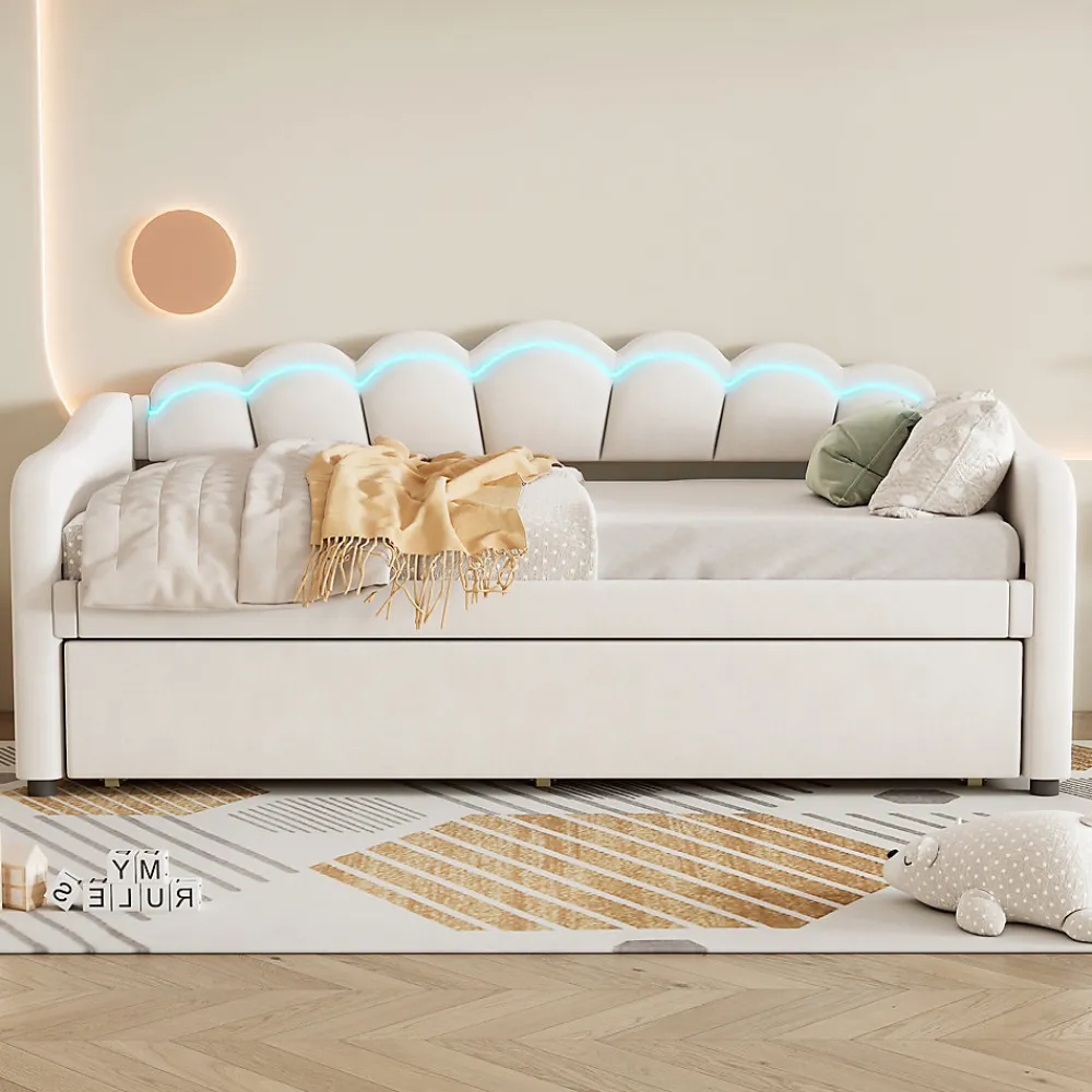 Lit Gigogne 90x200 cm - avec lit tiroir 90x190 cm et éclairage LED ambiant - sans matelas - revêtement en velours élégant - Beige>Okwish Discount