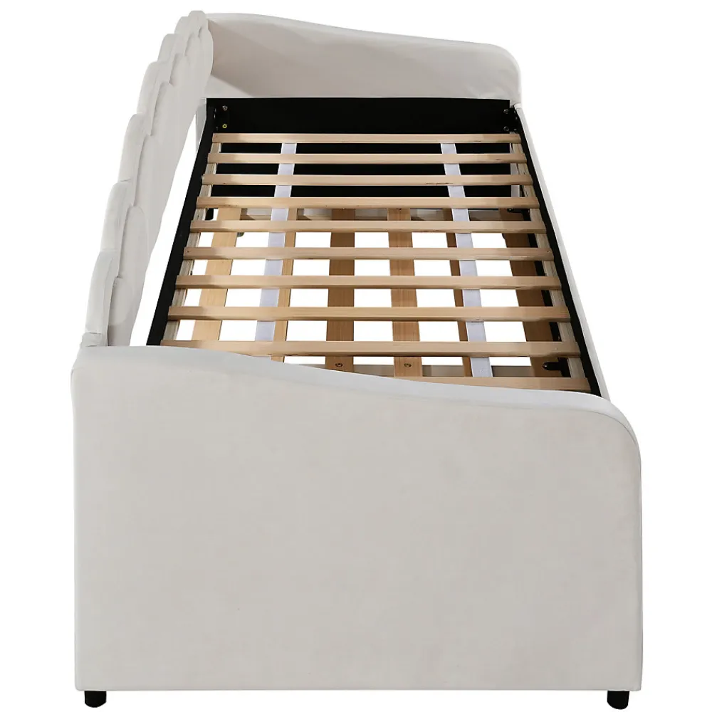 Lit Gigogne 90x200 cm - avec lit tiroir 90x190 cm et éclairage LED ambiant - sans matelas - revêtement en velours élégant - Beige>Okwish Discount