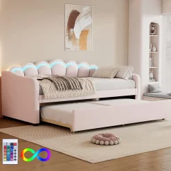 Generique Lit Gigogne 90x200 cm - avec lit tiroir 90x190 cm et éclairage LED ambiant - sans matelas - revêtement en velours doux - Rose* Lit Gigogne