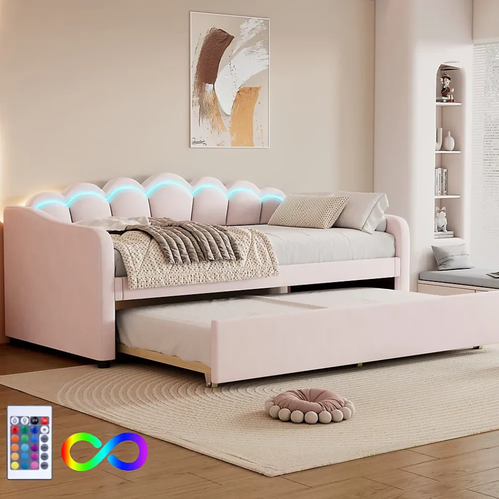 Generique Lit Gigogne 90x200 cm - avec lit tiroir 90x190 cm et éclairage LED ambiant - sans matelas - revêtement en velours doux - Rose* Lit Gigogne