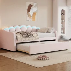 Generique Lit Gigogne 90x200 cm - avec lit tiroir 90x190 cm et éclairage LED ambiant - sans matelas - revêtement en velours doux - Rose* Lit Gigogne