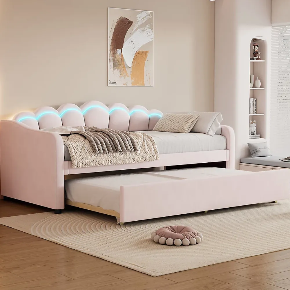 Generique Lit Gigogne 90x200 cm - avec lit tiroir 90x190 cm et éclairage LED ambiant - sans matelas - revêtement en velours doux - Rose* Lit Gigogne