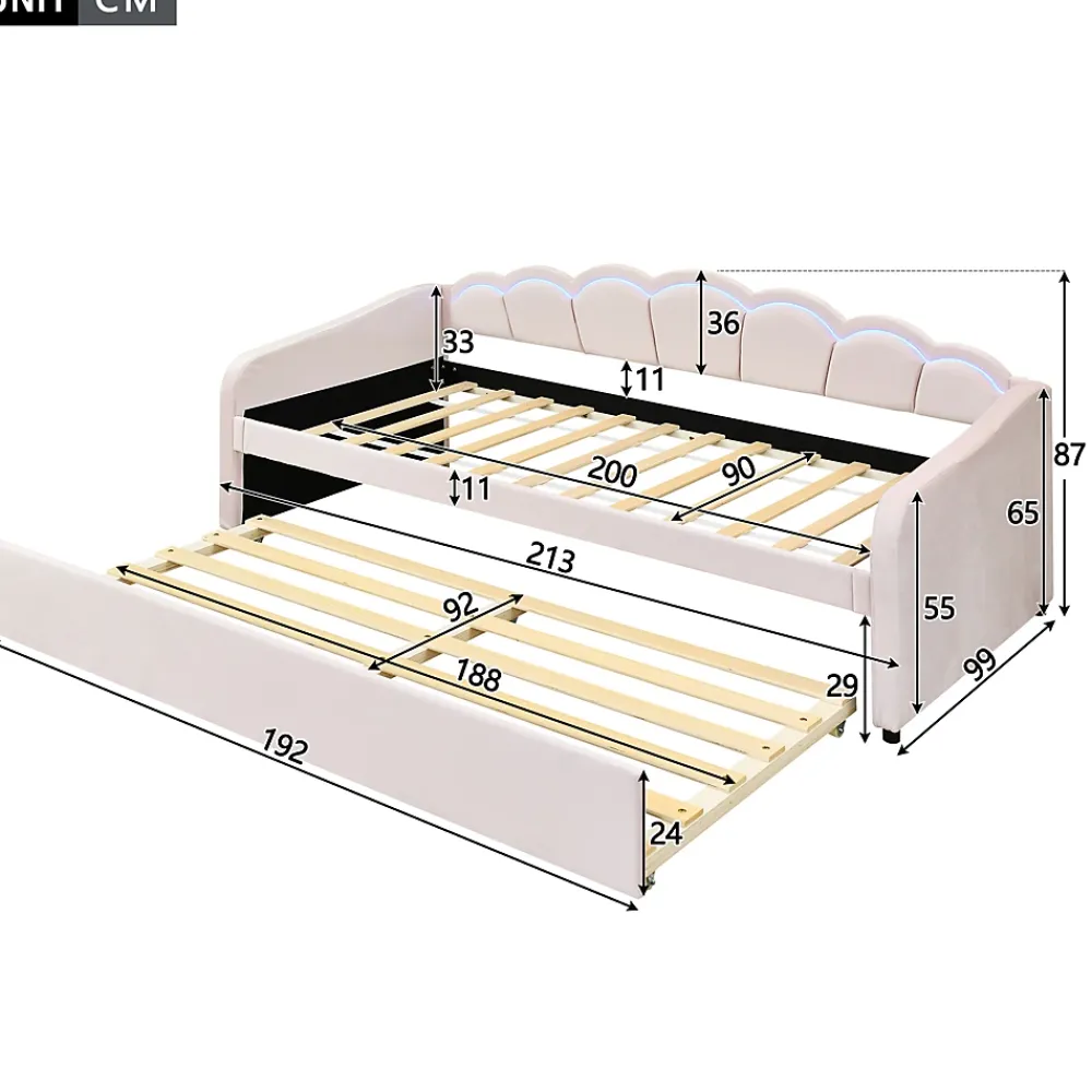 Generique Lit Gigogne 90x200 cm - avec lit tiroir 90x190 cm et éclairage LED ambiant - sans matelas - revêtement en velours doux - Rose* Lit Gigogne