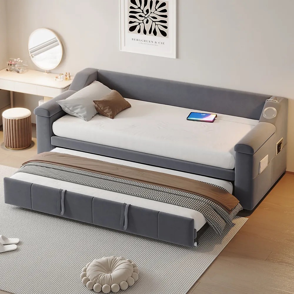 Lit Gigogne 90x190 cm - avec Rangement sous Le Lit et Haut-Parleur Bluetooth, Port USB, Velours Gris, Sans Matelas>Okwish Best
