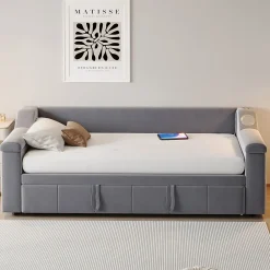 Lit Gigogne 90x190 cm - avec Rangement sous Le Lit et Haut-Parleur Bluetooth, Port USB, Velours Gris, Sans Matelas><noscript><img width=