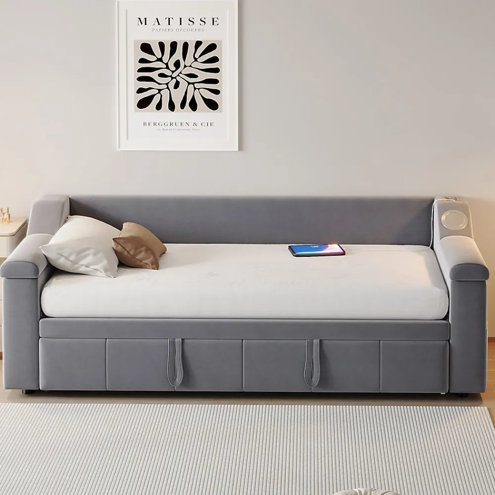 Lit Gigogne 90x190 cm - avec Rangement sous Le Lit et Haut-Parleur Bluetooth, Port USB, Velours Gris, Sans Matelas>Okwish Best
