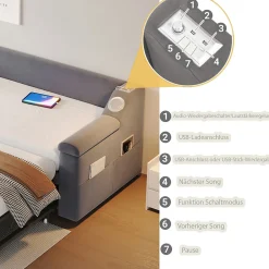 Lit Gigogne 90x190 cm - avec Rangement sous Le Lit et Haut-Parleur Bluetooth, Port USB, Velours Gris, Sans Matelas><noscript><img width=