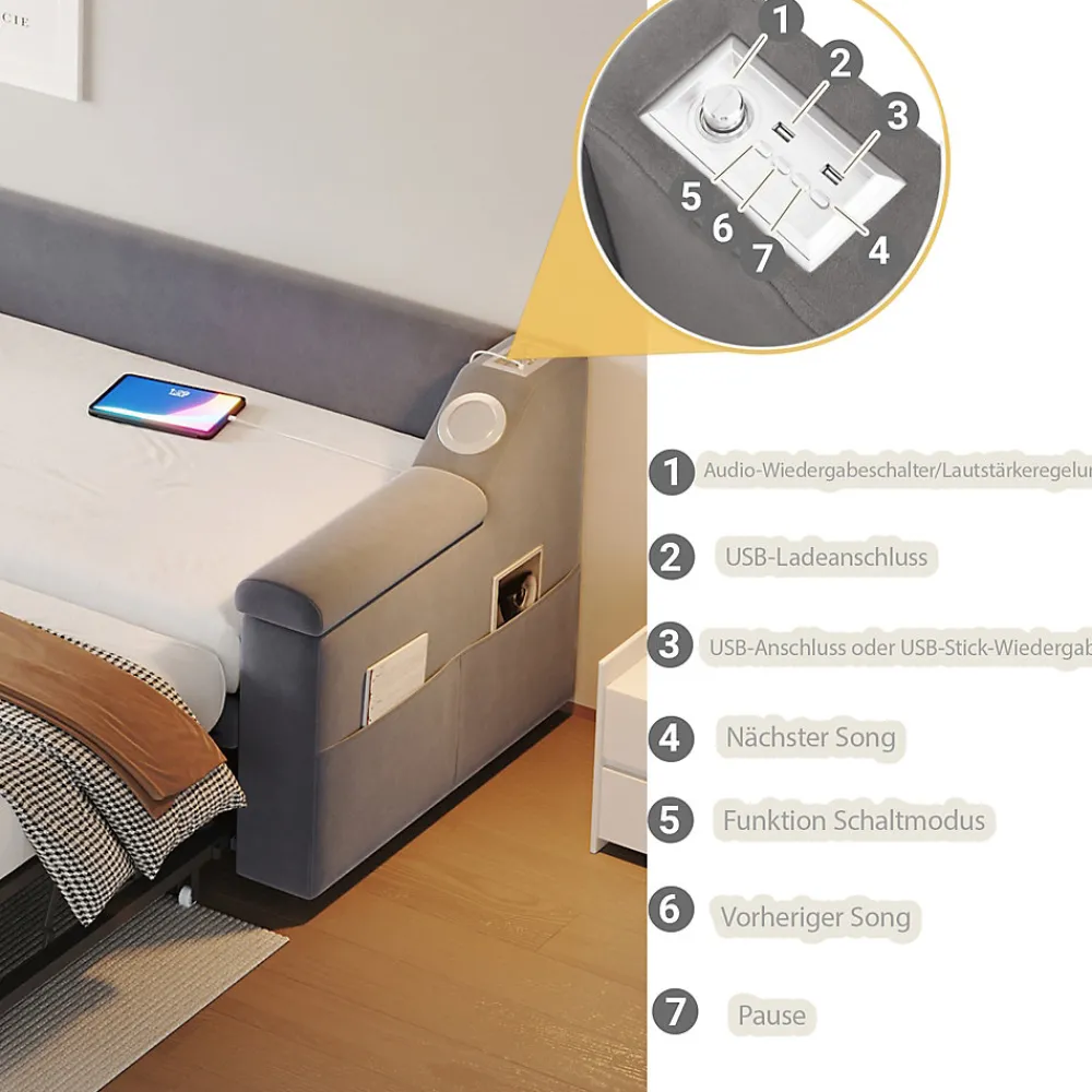 Lit Gigogne 90x190 cm - avec Rangement sous Le Lit et Haut-Parleur Bluetooth, Port USB, Velours Gris, Sans Matelas>Okwish Best