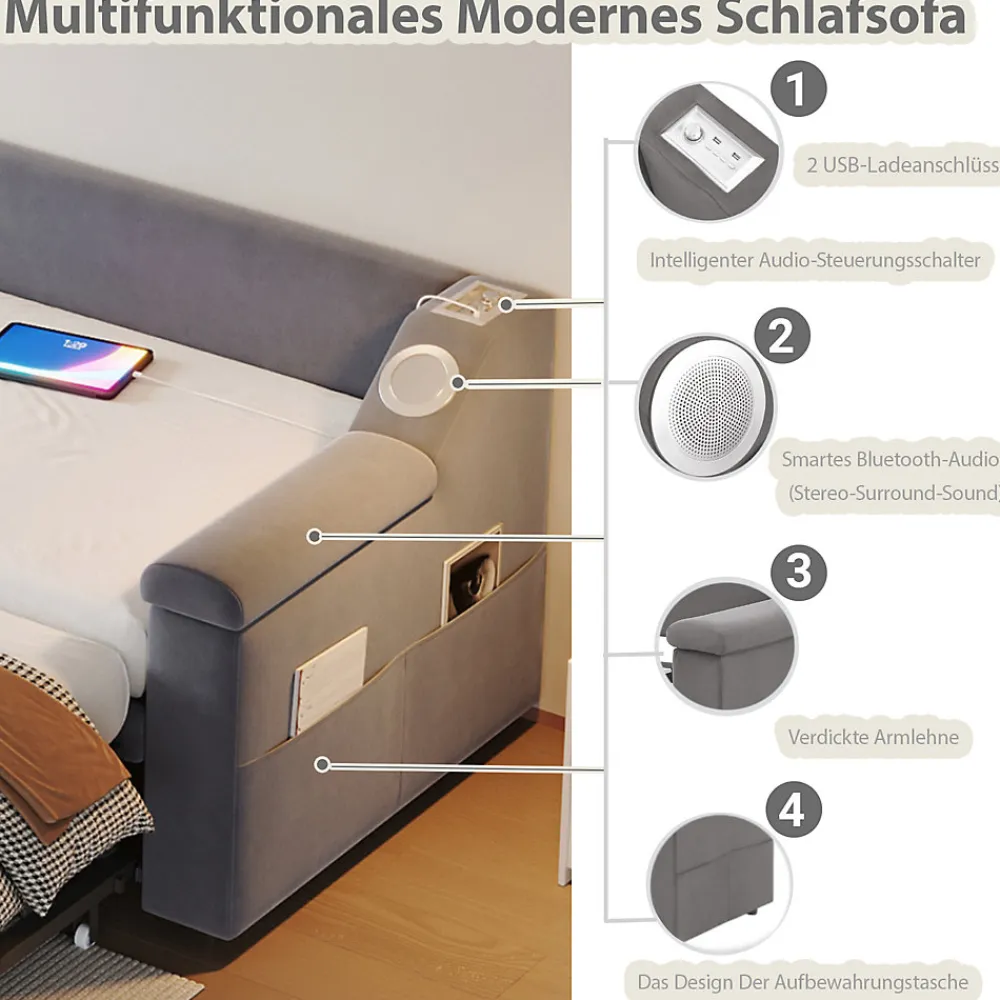 Lit Gigogne 90x190 cm - avec Rangement sous Le Lit et Haut-Parleur Bluetooth, Port USB, Velours Gris, Sans Matelas>Okwish Best