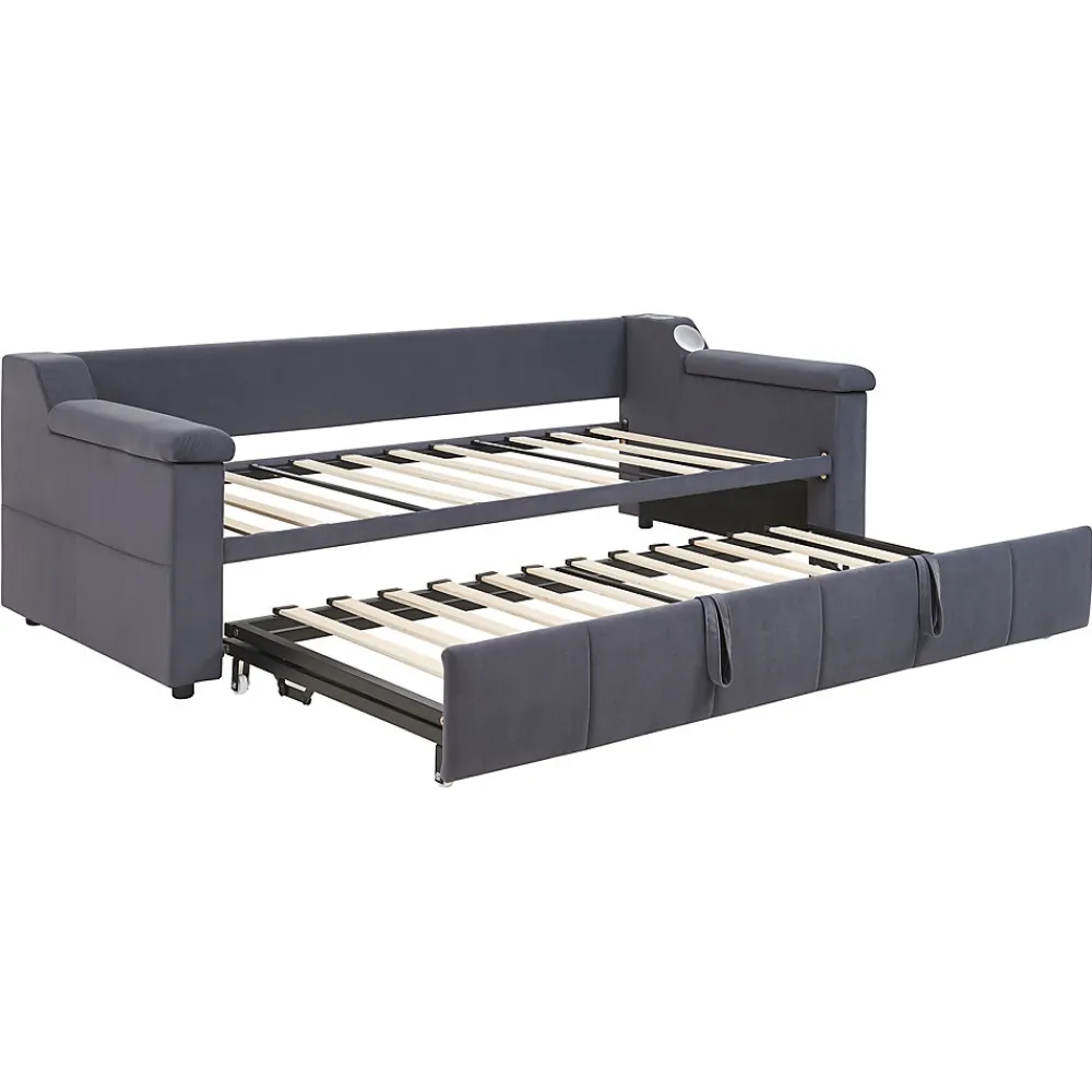 Lit Gigogne 90x190 cm - avec Rangement sous Le Lit et Haut-Parleur Bluetooth, Port USB, Velours Gris, Sans Matelas>Okwish Best