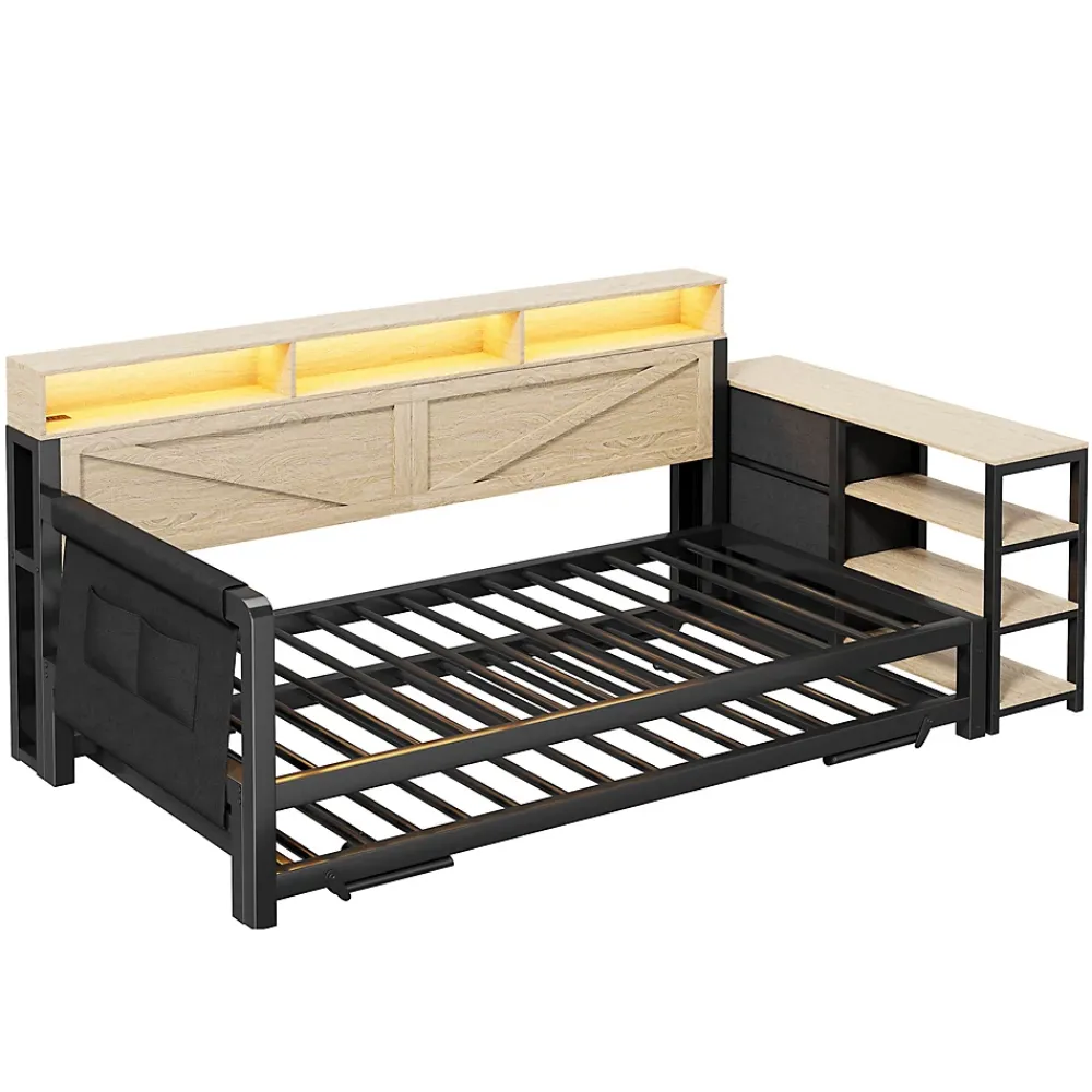 Okwish Lit Gigogne 90x200 cm - Canapé-Lit avec LED, 3 Tiroirs et Rangement Intégré - Métal - Noir* Lit Gigogne
