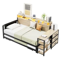 Okwish Lit Gigogne 90x200 cm - Canapé-Lit avec LED, 3 Tiroirs et Rangement Intégré - Métal - Noir* Lit Gigogne