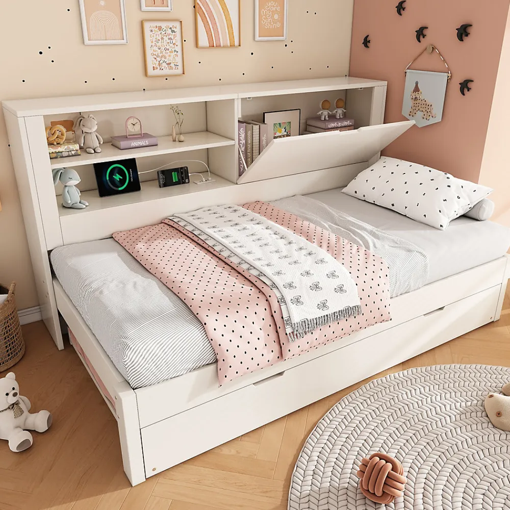 Lit Gigogne 90x190 cm - Canapé-Lit avec Tête de Lit Rangement, Compartiment Ouvert et USB/USB-C - MDF - Blanc>Okwish Clearance
