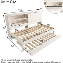 Lit Gigogne 90x190 cm - Canapé-Lit avec Tête de Lit Rangement, Compartiment Ouvert et USB/USB-C - MDF - Blanc><noscript><img data-lazyloaded=