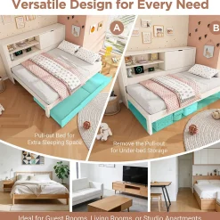 Lit Gigogne 90x190 cm - Canapé-Lit avec Tête de Lit Rangement, Compartiment Ouvert et USB/USB-C - MDF - Blanc><noscript><img data-lazyloaded=