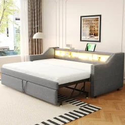Lit Gigogne 90/180x190 cm - capitonné avec LED Intégrée et Rangement Sous Le Lit, Port USB, Tissu Gris Clair, Sans Matelas>Okwish Discount