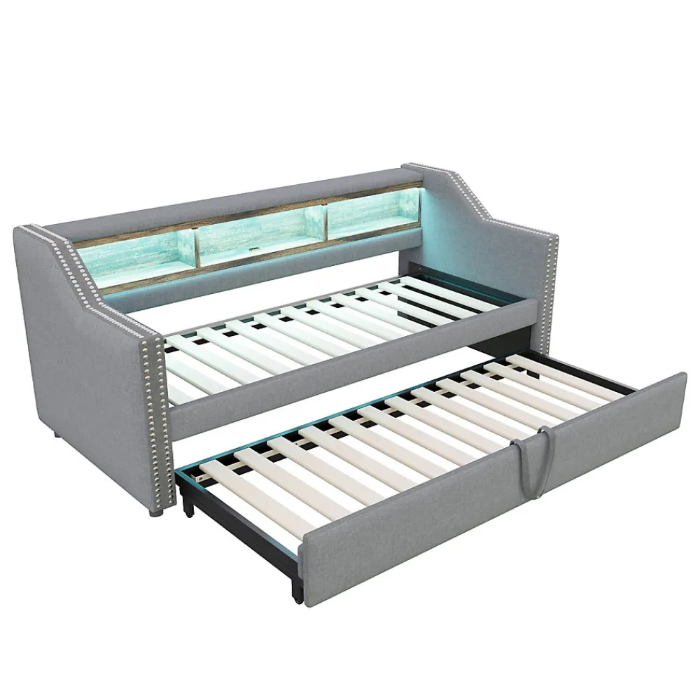Lit Gigogne 90/180x190 cm - capitonné avec LED Intégrée et Rangement Sous Le Lit, Port USB, Tissu Gris Clair, Sans Matelas>Okwish Discount
