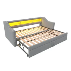 Lit Gigogne 90/180x190 cm - capitonné avec LED Intégrée et Rangement Sous Le Lit, Port USB, Tissu Gris Clair, Sans Matelas><noscript><img width=