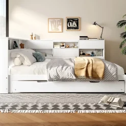 Okwish Lit Gigogne 140x200 cm - Daybed Multifonction avec Tête de Lit et Lit Tiroir - Sans Matelas - Bois Blanc* Lit Gigogne
