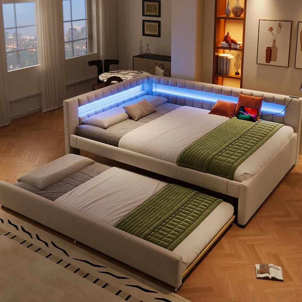 Lit Gigogne 140x200 cm - Lit Adulte avec Sommier Coulissant et LED Télécommandée, Revêtement en Lin - sans Matelas - Beige>Okwish Discount