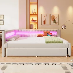 Lit Gigogne 140x200 cm - Lit Adulte avec Sommier Coulissant et LED Télécommandée, Revêtement en Lin - sans Matelas - Beige>Okwish Discount