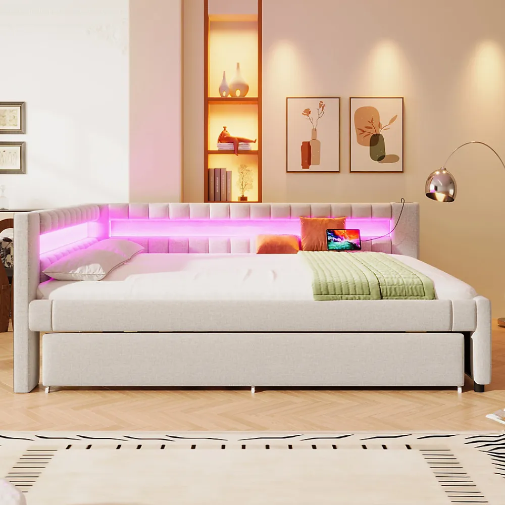 Lit Gigogne 140x200 cm - Lit Adulte avec Sommier Coulissant et LED Télécommandée, Revêtement en Lin - sans Matelas - Beige>Okwish Discount