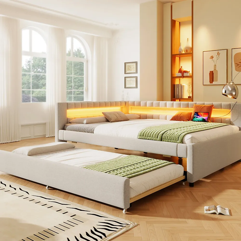 Lit Gigogne 140x200 cm - Lit Adulte avec Sommier Coulissant et LED Télécommandée, Revêtement en Lin - sans Matelas - Beige>Okwish Discount