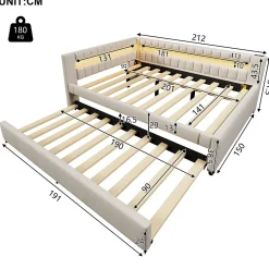 Lit Gigogne 140x200 cm - Lit Adulte avec Sommier Coulissant et LED Télécommandée, Revêtement en Lin - sans Matelas - Beige><noscript><img width=
