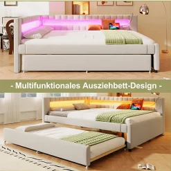 Lit Gigogne 140x200 cm - Lit Adulte avec Sommier Coulissant et LED Télécommandée, Revêtement en Lin - sans Matelas - Beige><noscript><img width=