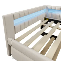 Lit Gigogne 140x200 cm - Lit Adulte avec Sommier Coulissant et LED Télécommandée, Revêtement en Lin - sans Matelas - Beige><noscript><img width=