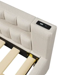 Lit Gigogne 140x200 cm - Lit Adulte avec Sommier Coulissant et LED Télécommandée, Revêtement en Lin - sans Matelas - Beige><noscript><img width=