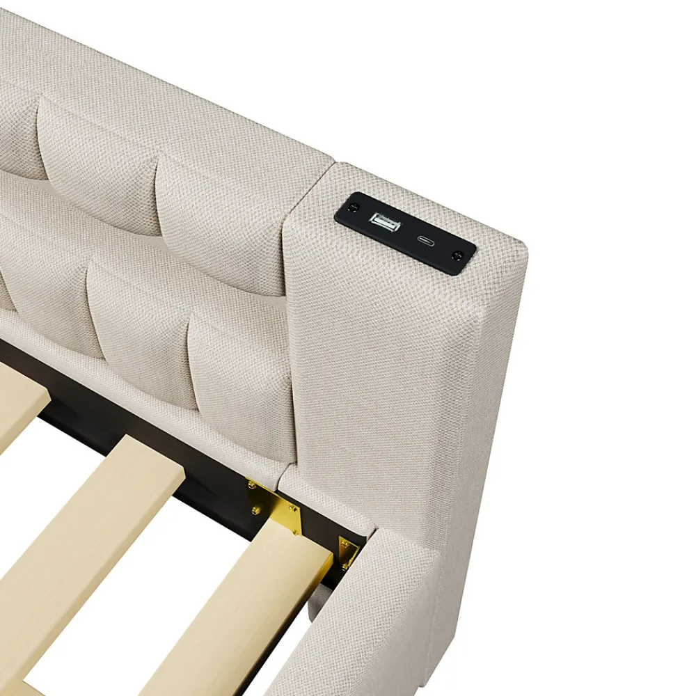 Lit Gigogne 140x200 cm - Lit Adulte avec Sommier Coulissant et LED Télécommandée, Revêtement en Lin - sans Matelas - Beige>Okwish Discount