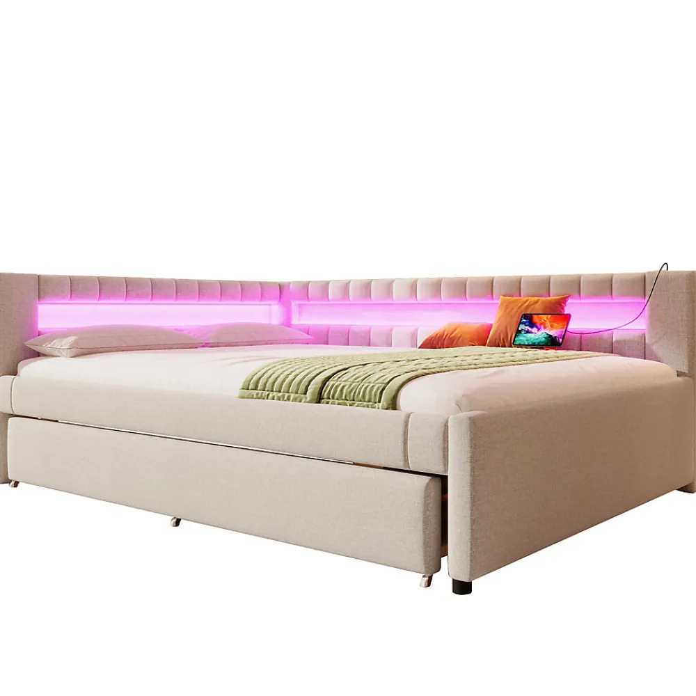 Lit Gigogne 140x200 cm - Lit Adulte avec Sommier Coulissant et LED Télécommandée, Revêtement en Lin - sans Matelas - Beige>Okwish Discount