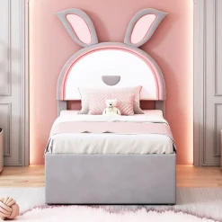 Lit Gigogne 90x200 cm - Lit avec Tiroirs de Rangement et Éclairage LED Changeant, en Velours Gris, Sans Matelas>Okwish New